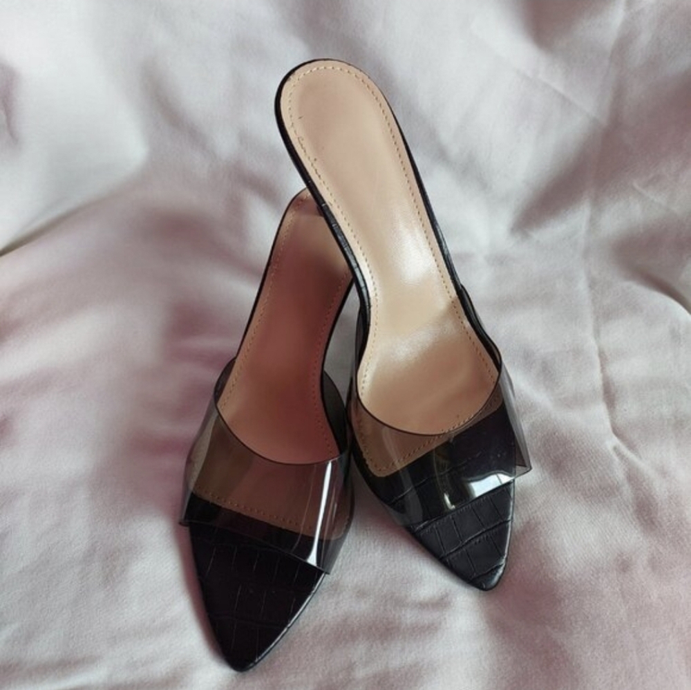 Size 7 / 37 Unbranded Open Toe Mule Slide Sandals Black & Transparent NWOT - CES